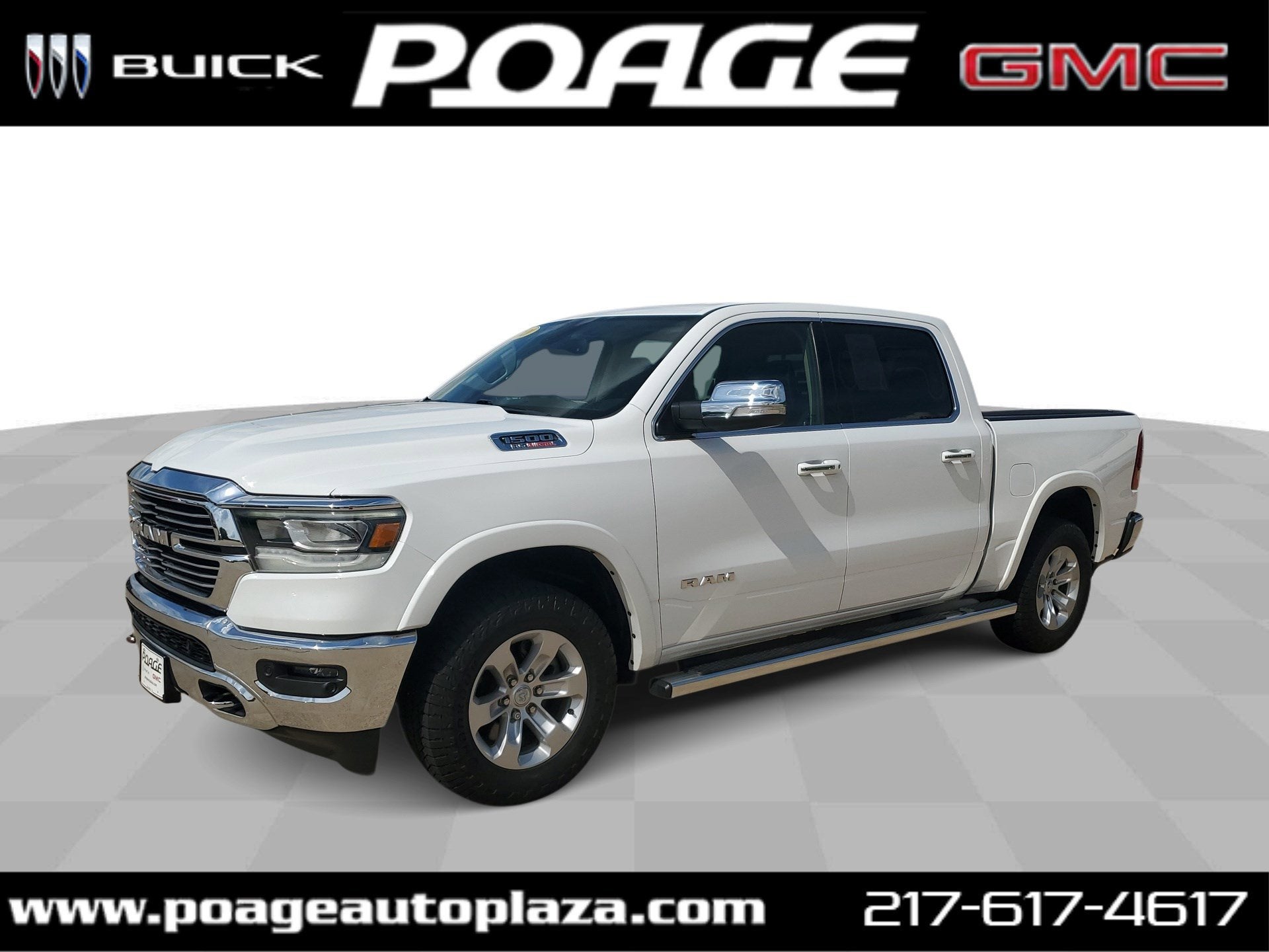 2020 RAM 1500 Laramie in White — front three-quarter view