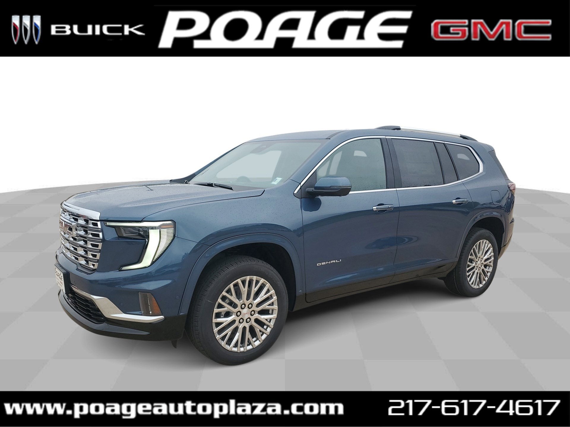 2026 GMC Acadia Denali in Downpour Metallic — front three-quarter view
