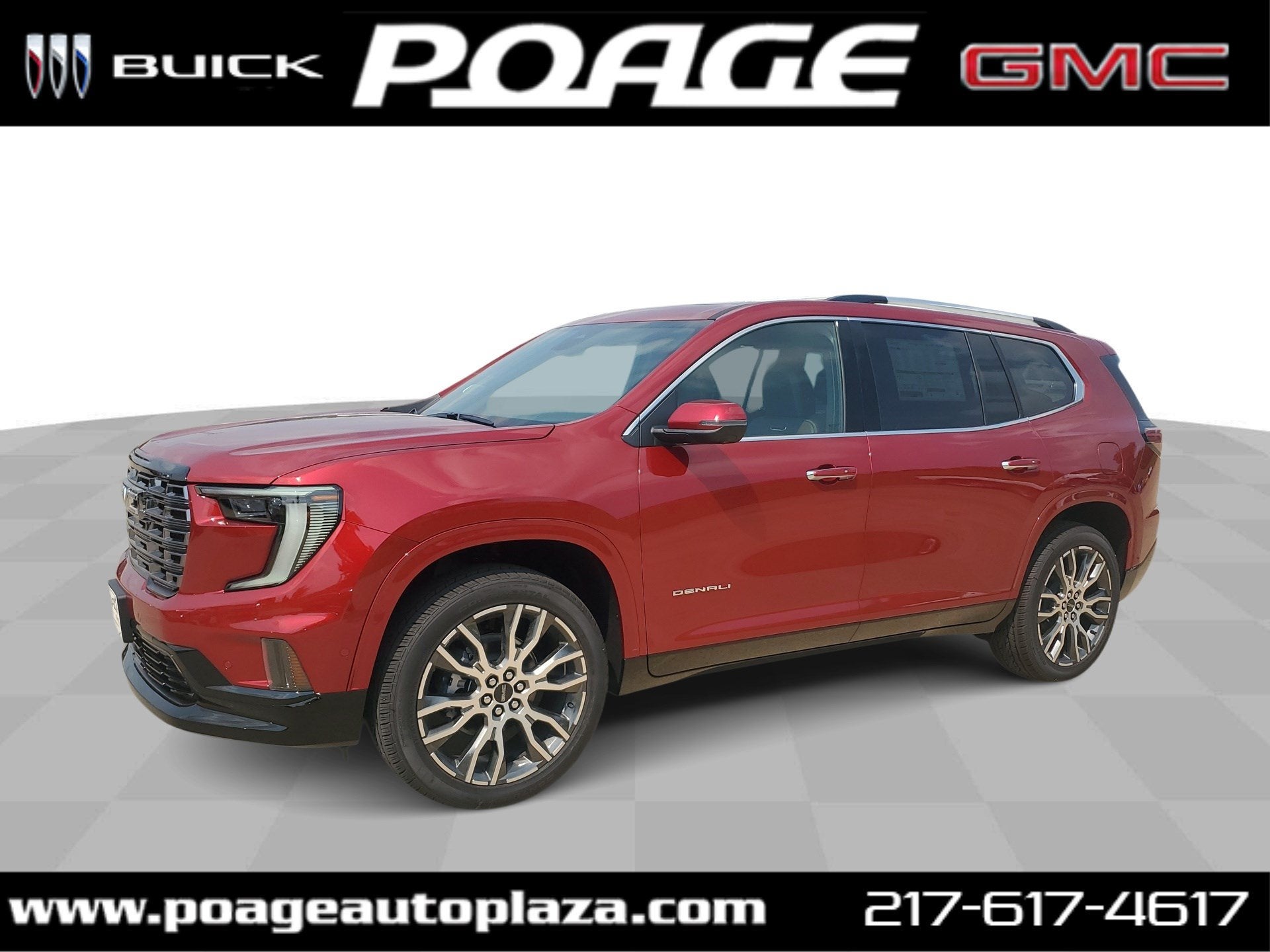 2026 GMC Acadia Denali Ultimate in Volcanic Red Tintcoat — front three-quarter view