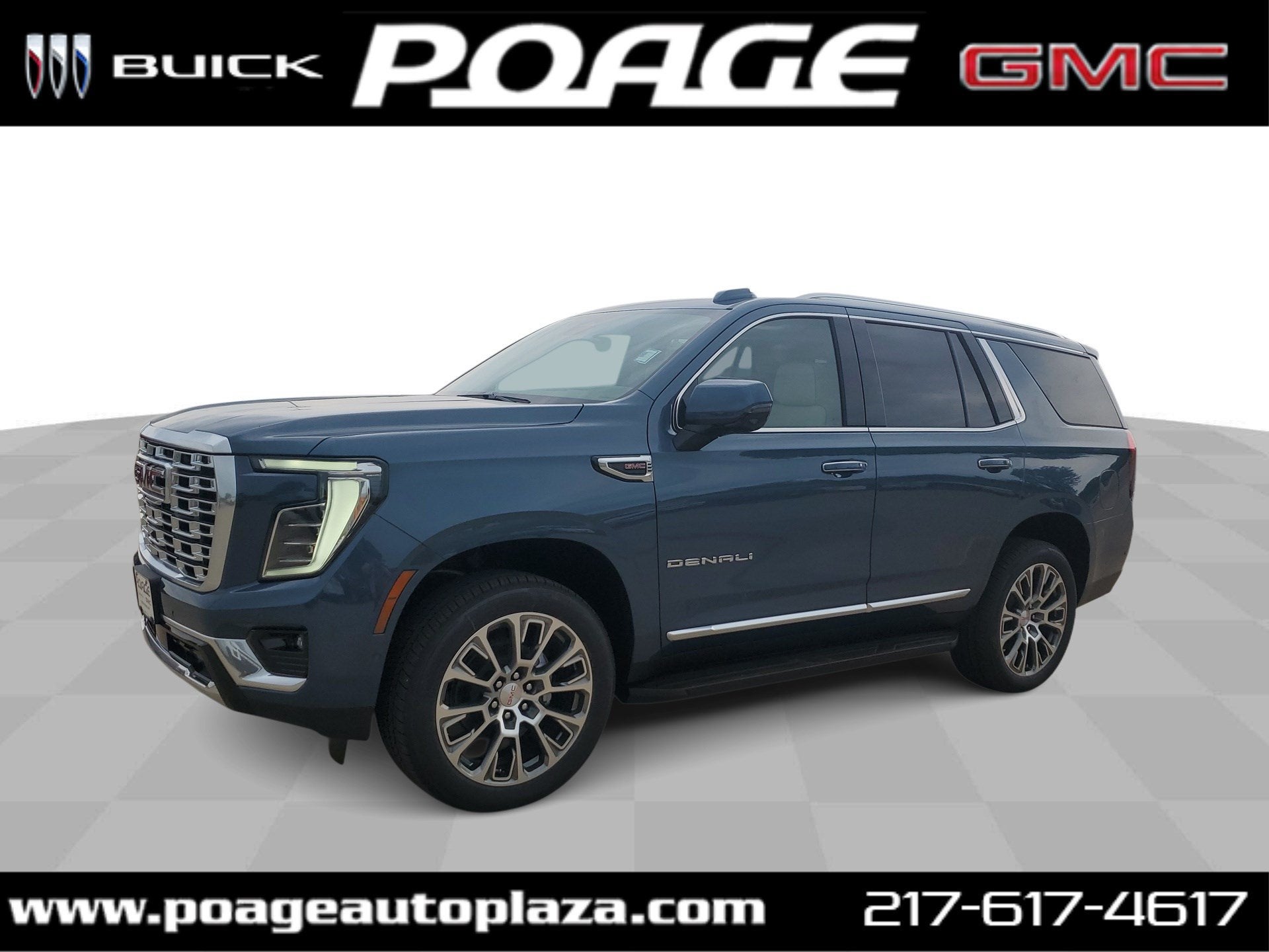 2026 GMC Yukon Denali in Downpour Metallic — front three-quarter view