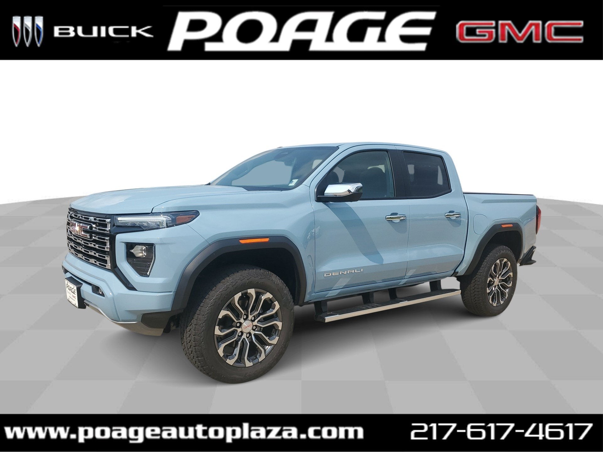2026 GMC Canyon Denali in Glacier Metallic — front three-quarter view